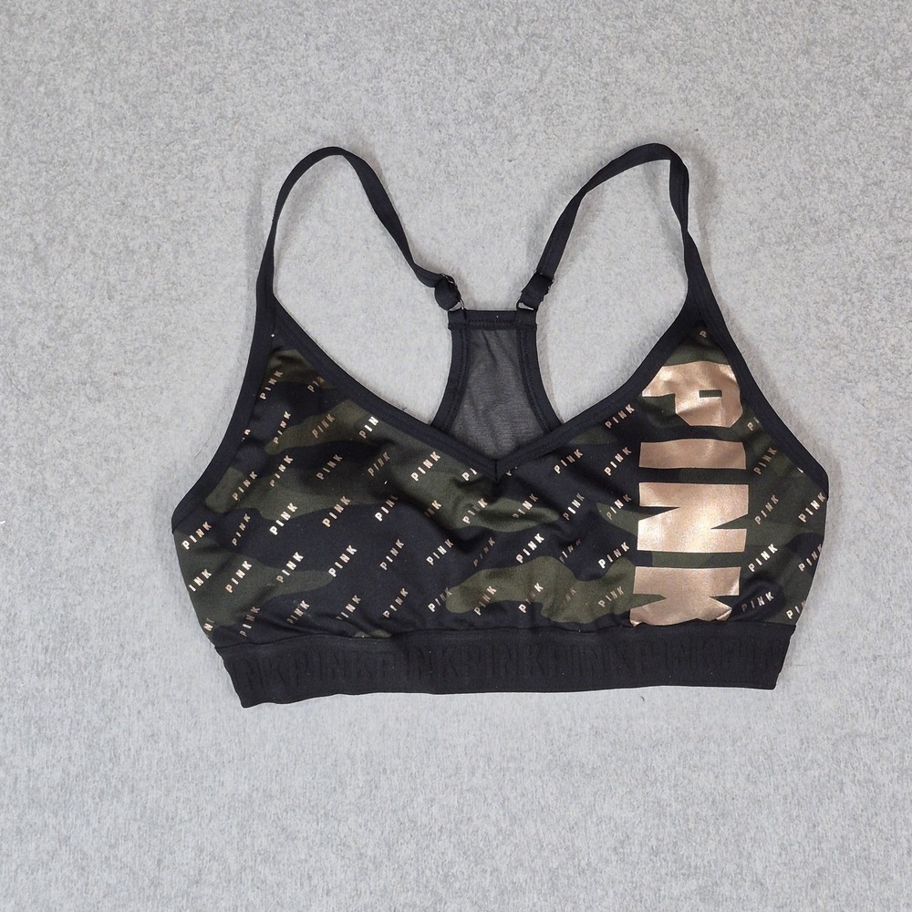 PINK Victoria Secret Women Bra Large Black Camo Ultimate Lightly Lined Gold